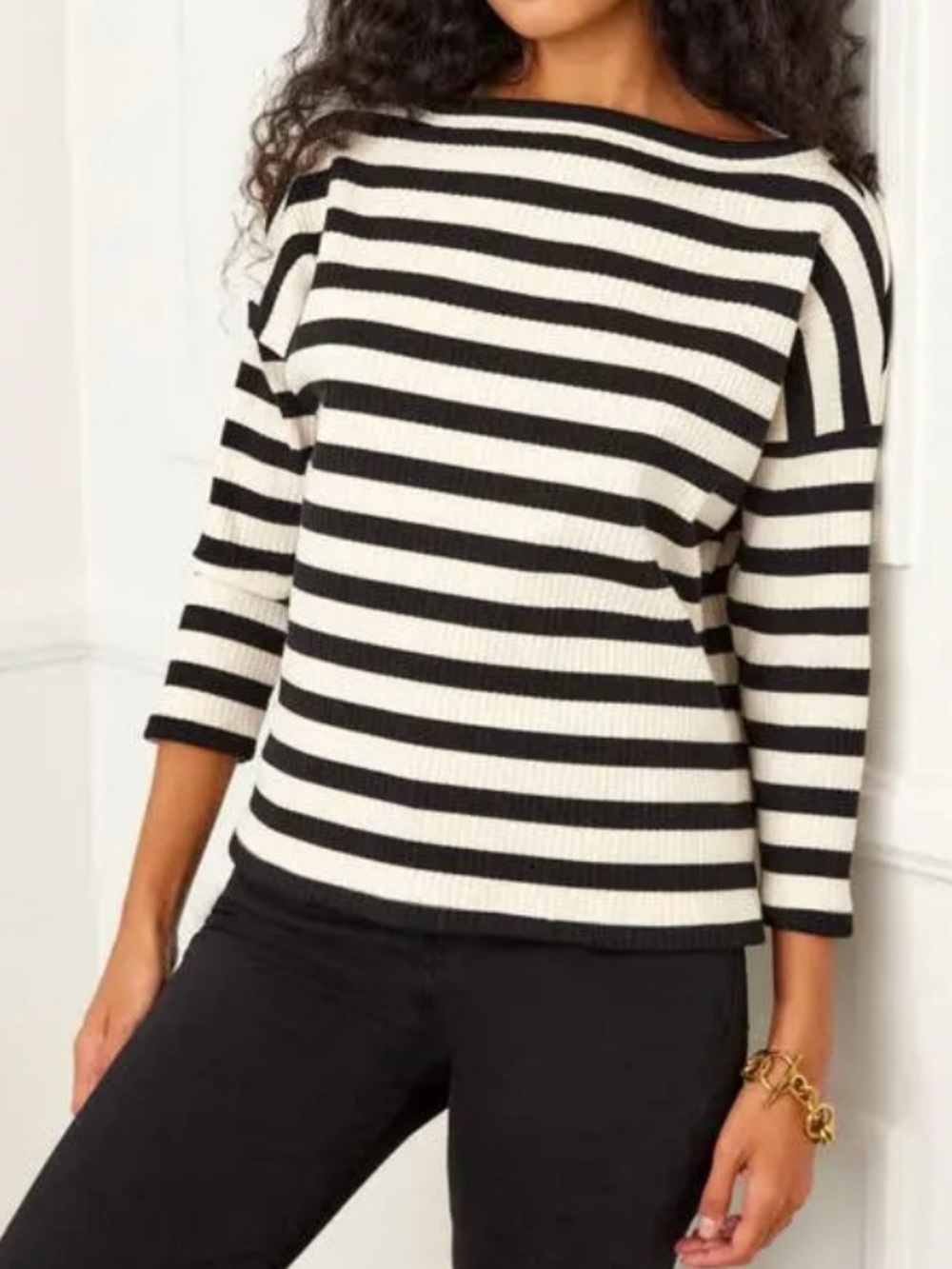 Karen Kane Sheridan Stripe 3/4 Sleeve Boatneck Rib Top in Black & Cream, XL
